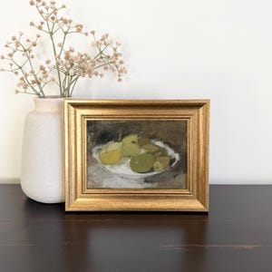 Small Framed Vintage Pears Painting, Abstract Green Kitchen Wall Art Print, Moody Fruit Bowl Artwork