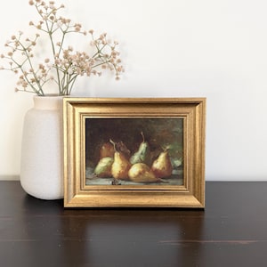 Small Framed Vintage Pears Painting, Gold Framed Print, Moody Kitchen Art, Fruit Wall Art