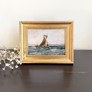 Small Framed Vintage Sailing the Rough Seas Painting, Gold Frame 5x7, Nautical Wall Art, Sailboat Print