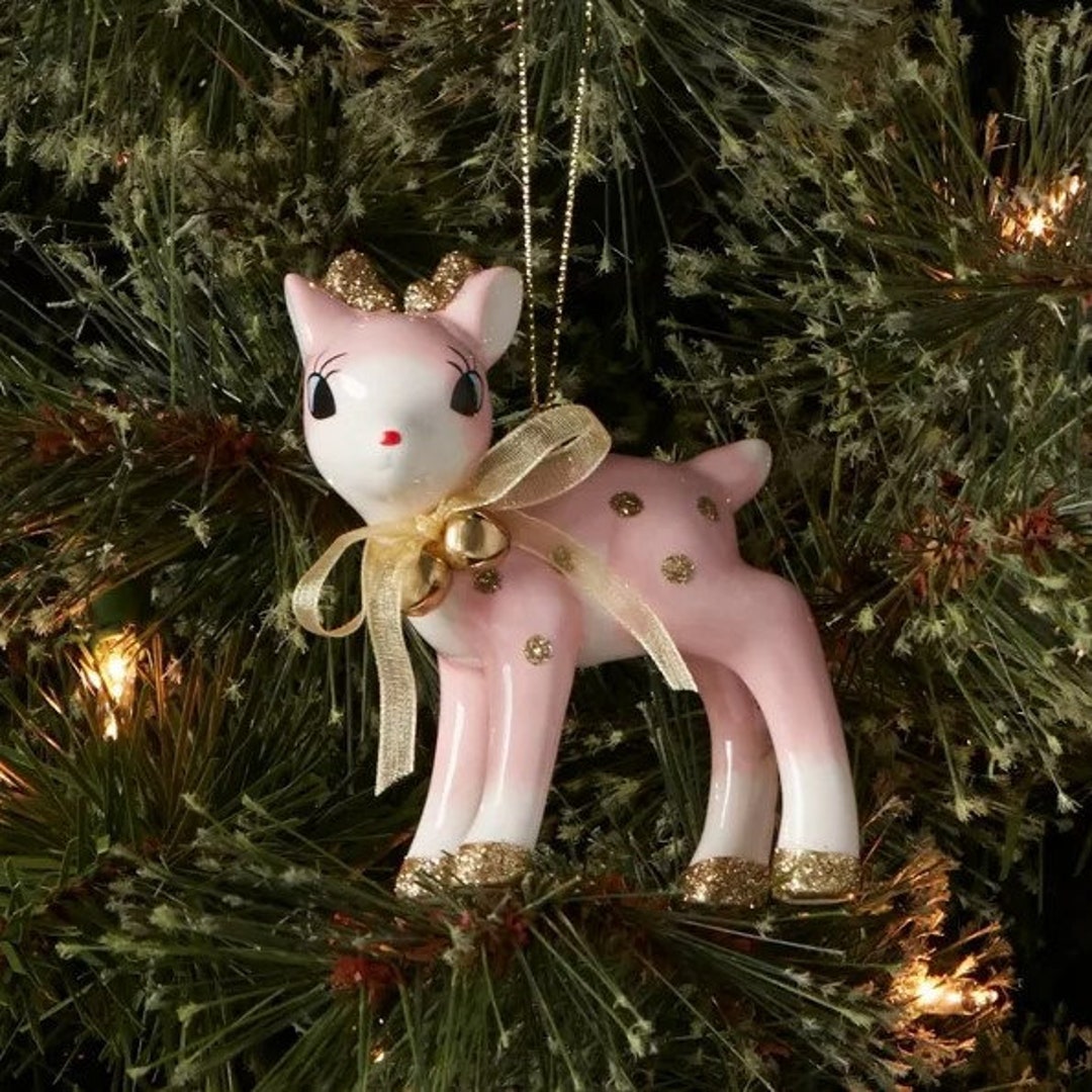 Nostalgic Ceramic Pink Reindeer Christmas Tree Ornament Etsy