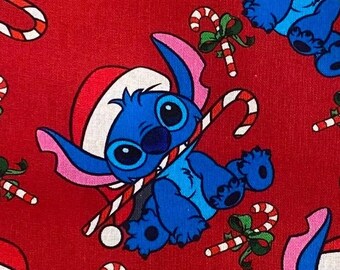 Stitch Christmas Fabric 100% Cotton Fabric by the Yard Winter Disney Stitch Santa Claus Xmas Candy cane