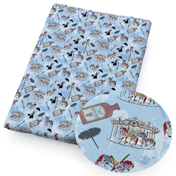 Disney Mary Poppins Fabric 100% Cotton Fabric by the Yard Blue Tumbled Carousel Umbrella Silhouette