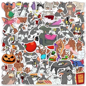 May include: A colorful sticker sheet featuring Tom and Jerry cartoon characters. The sheet includes various poses and expressions of the iconic duo, including Tom wearing sunglasses and Jerry holding a book. The sheet also includes a variety of other characters from the show, such as a cat wearing a hat and a mouse holding a piece of cheese. The sheet is perfect for adding a touch of fun to any project.