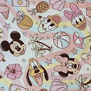 Disney Beach Fabric 100% Cotton Fabric by the Yard Disney Mickey Minnie Mouse Donald Daisy Duck Pluto Collage Pink Beach