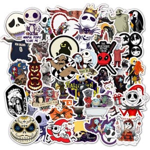 May include: A set of 50 Halloween themed stickers featuring characters from the Nightmare Before Christmas movie. The stickers are colorful and feature various characters, including Jack Skellington, Sally, and Oogie Boogie. The stickers are perfect for decorating laptops, water bottles, notebooks, and more.