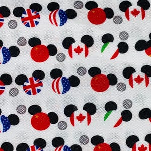 Epcot Fabric 100% Cotton Fabric by the Yard Disney World showcase Country Flag Mickey icon Flags Around the World Fabric