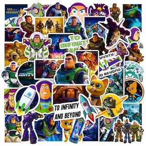 May include: A colorful collection of stickers featuring characters from the Toy Story franchise. The stickers feature Buzz Lightyear, Woody, and other characters from the movies. The stickers are perfect for decorating laptops, water bottles, and other items.