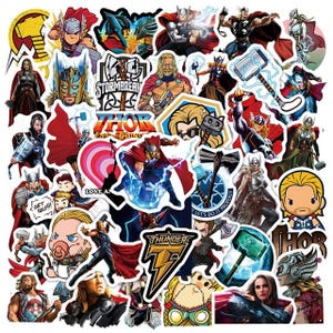 May include: A collection of colorful stickers featuring various depictions of the Marvel Comics character Thor. The stickers showcase Thor in different poses, with his hammer, and other related imagery. The stickers are in various shapes and sizes.
