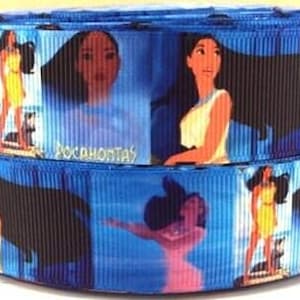 May include: Blue and white ribbon with a repeating pattern of Pocahontas from the Disney movie. The ribbon features images of Pocahontas in different poses, including her standing, sitting, and looking off into the distance. The ribbon also features the word "Pocahontas" printed on it.