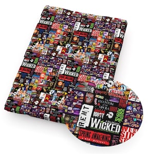 May include: A black fabric with a collage of colorful Broadway show posters. The posters feature titles like "Wicked", "Rent", "Grease", "Phantom of the Opera", "Spring Awakening", and "West Side Story".