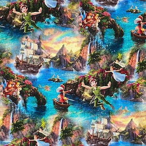 May include: A colorful illustration of Peter Pan flying over a tropical island with a pirate ship, waterfalls, and lush greenery. The scene is filled with vibrant colors and whimsical details.