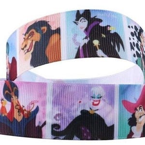May include: White ribbon with colorful cartoon images of Disney characters, including Ursula, Captain Hook, and Scar. The ribbon is perfect for crafting and decorating.