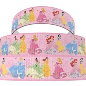 Disney Princess Ribbon 1&quot; and 1.5&quot; High Quality Grosgrain Ribbon By The Yard Cinderella Belle Aurora Ariel Snow White Tiana Princesses
