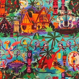 May include: A colorful fabric with a tropical theme. The fabric features a repeating pattern of tiki huts, palm trees, birds, and flowers. The colors are bright and vibrant, including shades of blue, green, yellow, orange, and red.