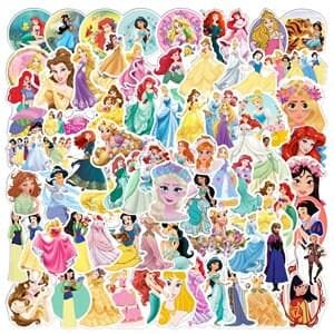 May include: A sheet of colorful stickers featuring various Disney Princess characters, including Ariel, Belle, Cinderella, and Rapunzel. The stickers are in various poses and outfits, with some holding flowers or other accessories.