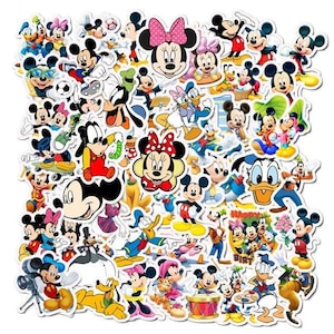 May include: A collection of colorful cartoon character stickers featuring Mickey Mouse, Minnie Mouse, Donald Duck, Goofy, and other Disney characters. The stickers are perfect for decorating notebooks, laptops, water bottles, and other items.
