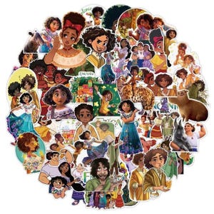 May include: A colorful set of stickers featuring characters from the animated film Encanto. The stickers feature various characters, including Mirabel, Bruno, and Abuela, as well as other characters from the film. The stickers are perfect for adding a touch of Encanto magic to your belongings.