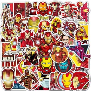 May include: A sheet of colorful Iron Man stickers featuring various poses and designs. The stickers include the words "Top It!" and "Iron Man".