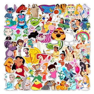 May include: A collection of colorful stickers featuring various cartoon characters. The stickers showcase characters from popular animated movies and TV shows, including Disney and other animated franchises. The stickers are die-cut and ready to peel and apply.