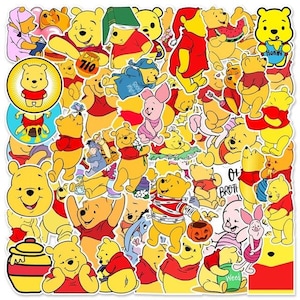 May include: A collection of Winnie the Pooh character stickers featuring various poses and activities. The stickers are yellow, red, and brown with black outlines. Some stickers have text, including "Honey", "710", and "Oh Brother".