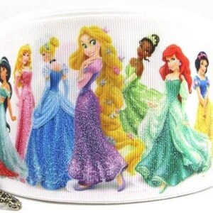 3&quot; Glitter Disney Princess Ribbon High Quality Grosgrain Ribbon Snow White, Ariel, Aurora, Belle, Cinderella, Rapunzel, Jasmine, Tiana Mulan