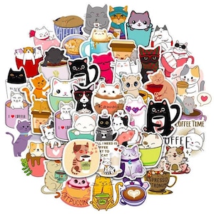 May include: A collection of colorful cat stickers with various designs, including cats drinking coffee, cats wearing hats, and cats with hearts. The stickers feature the words "I Love Coffee", "Kawaii", "Espresso Tronum", "Catpuccino", and "All I Need Is Coffee Next To Cat".