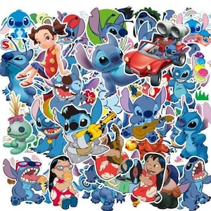 May include: A set of 50 colorful cartoon stickers featuring Stitch from the Disney movie Lilo & Stitch. The stickers feature Stitch in various poses and expressions, including playing music, driving a car, and wearing sunglasses. The stickers are perfect for decorating laptops, water bottles, notebooks, and more.