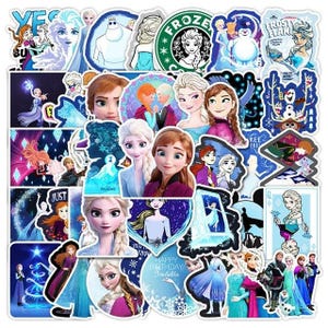 May include: A set of 50 colorful stickers featuring various characters from the animated film Frozen. The stickers include images of Elsa, Anna, Olaf, Kristoff, and Sven. The stickers are perfect for decorating laptops, water bottles, notebooks, and other personal items.