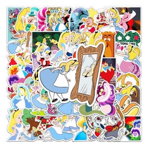 May include: A set of colorful Alice in Wonderland themed stickers featuring characters like the Mad Hatter, the Queen of Hearts, and Alice herself. The stickers are perfect for adding a whimsical touch to laptops, water bottles, journals, and more.