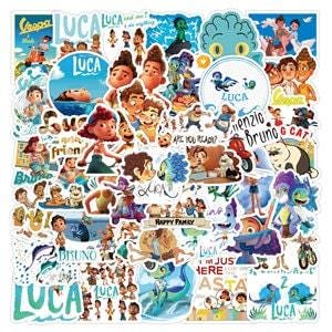 May include: A set of 50 colorful stickers featuring characters from the animated film Luca. The stickers feature the main characters Luca, Alberto, Giulia, and others. The stickers are perfect for decorating laptops, water bottles, notebooks, and more.