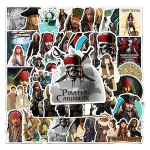 May include: A set of 50 Pirates of the Caribbean themed stickers featuring various characters from the movie franchise, including Captain Jack Sparrow, Will Turner, and Elizabeth Swann. The stickers are printed on high-quality vinyl and are waterproof and durable.
