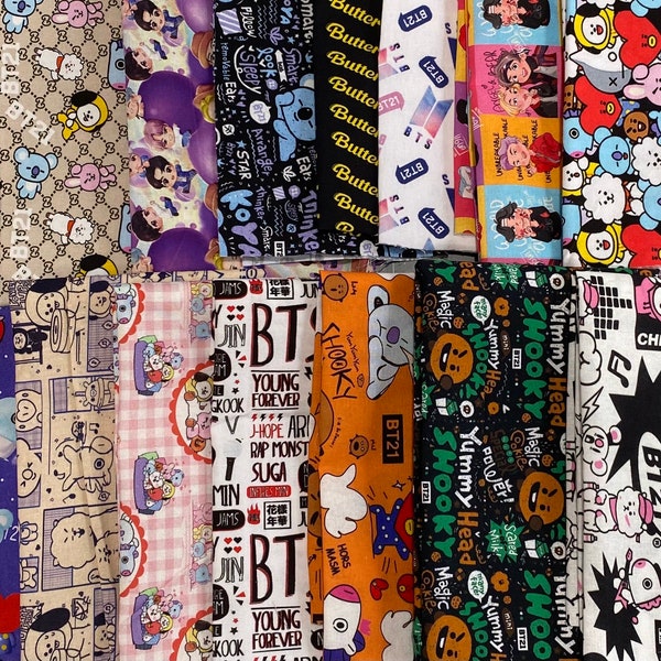 Bts fabric Bundle 100% cotton fabric Mystery Grab Bag NO Duplicates 8 Fat Eighths  Bangtan Boys Kpop group Bt21 fabric