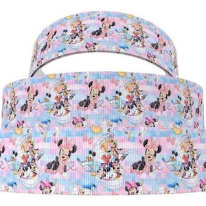 May include: Pink and blue ribbon with a repeating pattern of cartoon characters. The characters are Mickey Mouse, Minnie Mouse, Donald Duck, Daisy Duck, Goofy, and Pluto. The ribbon is on a white background.