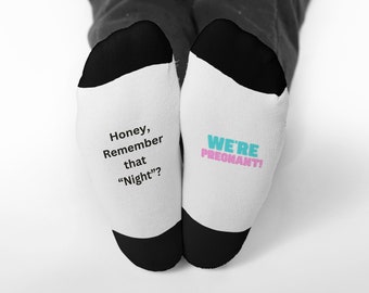 We're Pregnant!  Custom Socks, text is on the Sole of the Socks, Three Adult Sizes, Cistomized, Novelty Socks