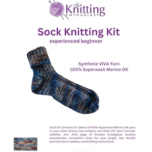 May include: A sock knitting kit by The Knitting Enthusiast featuring a blue and brown variegated sock. Includes 1.5 skeins of VIVA Superwash Merino DK yarn, two markers, one 10-inch size 2 circular needle, .17oz Eucalan, and two size 2 needles.