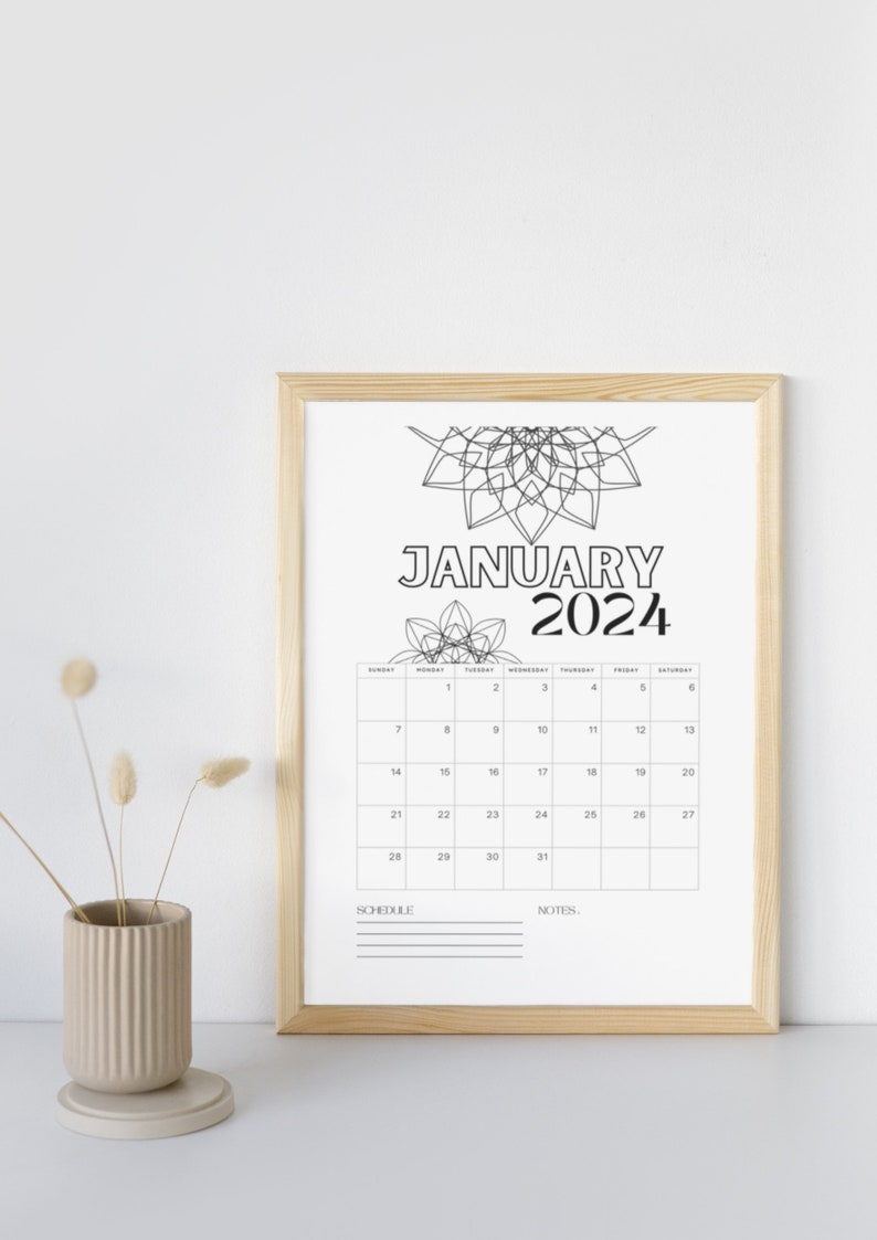 Mandala Calendar, 2024 Colouring Pages, Printable Calendar, Instant