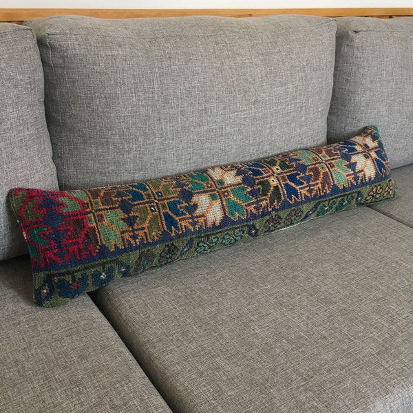 8x36 Art Deco Luxury Turkish Bed Lumbar Pillow, Decorative Vintage Long Bolster Pillow, Blue Green Orange Unique Lumbar, 8.3x36.2 Inches