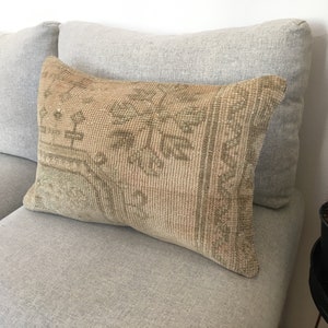 16x24 Beige Rug Lumbar Pillow , Turkish Lumbar for Couch , Vintage Boho Throw Lumbar Pillow Cover , Oushak Pillow , 15.7x23.2 Inches
