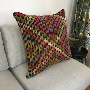 24x24 Ethnic Floor Pillow Case , Turkish Kilim Cushion Cover , Southwest Boho Throw Pillow , Vintage Authentic  Pillow , 23.6x23.6 Inches