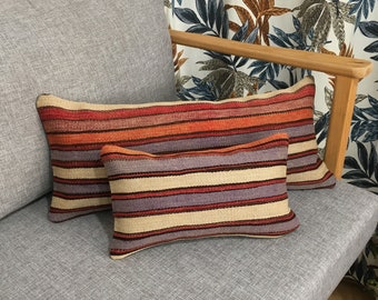 Striped Turkish Kilim Lumbar Pillow Set for Couch , Vintage Handwoven Lumbar Pillows , Unique Set Boho Lumbar , 10.2x24 - 8.3x14.2 Inches