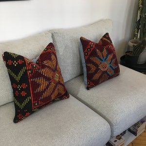 16x16 Set of Two Cute Kilim Pillow Covers , Vintage Throw Pillow , Burt Red Floral Turkish Pillow Set , Designer Pillows , 15.7x15.7 Inches
