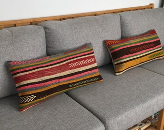 12x24 Matching Handwoven Vintage Kilim Lumbar Pillow for Sofa, Colorful Turkish Striped Bolster Pillows, Southwestern Lumbar, 11.8x24 Inches