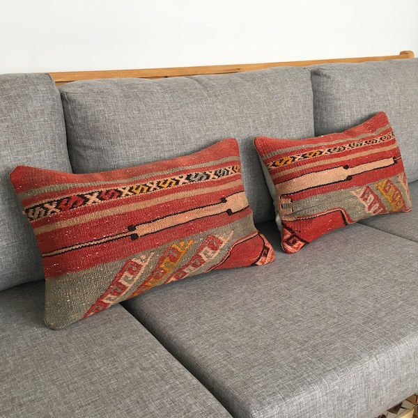 12x20 Matching Red Gray Southwestern Kilim Lumbar Pillow Set for Couch , Throw Unique Small Turkish Vintage Bolster Pillow, 12.2x20.5 Inches