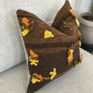 14x14 Small Turkish Pillow , Kilim Pillow , Vintage Euro Sham , Brown Yellow Pillow Case , Couch Pillow , 13.8x14.2 Inches