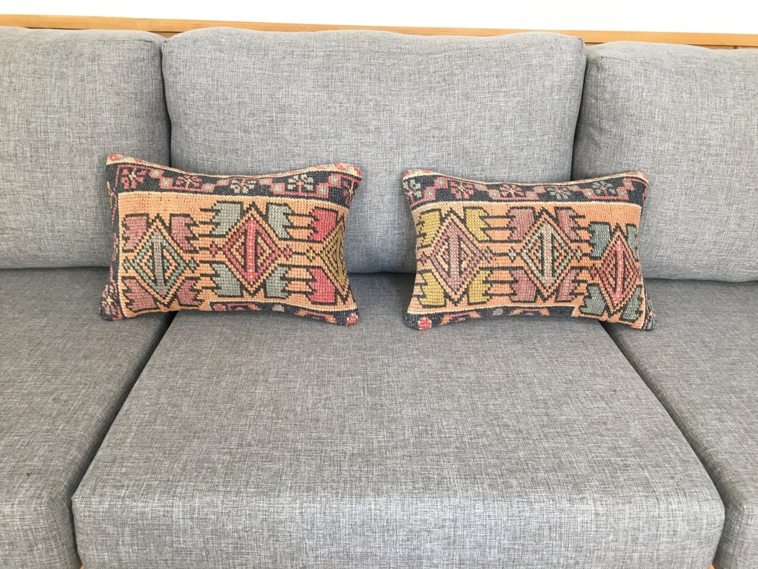 10x16 Matching Cute Turkish Couch Lumbar Cushion Set, Throw Vintage Rug