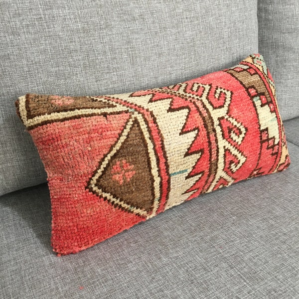 10x20 Pinkish Red Turkey Pillow , Decorative Rug Lumbar Pillow , Boho Throw Pillow Cover , Vintage Lumbar Cushion Case , 10.2x20.1 Inches