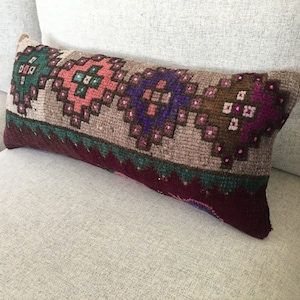 10x24 Rug Pillow Cover , Decorative Turkish Pillow Case , Vintage Pillow , Boho Lumbar Pillow , Wool Pillow , 10.2x22.8 Inches