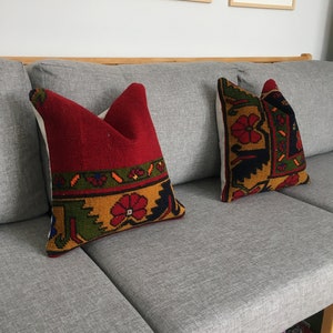 16x16 Set of 2 Solid Vintage Turkish Rug Pillow Set for Couch , Red Yellow Green Floral Retro Pillow Set, Art Deco Cushion, 15.7x15.7 Inches