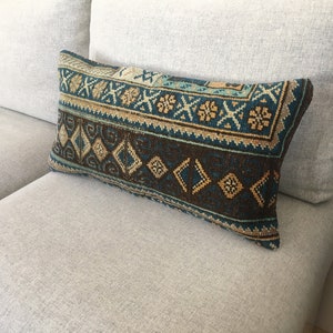 12x24 Blue Cream Brown Turkish Decorative Lumbar Pillow for Couch , Throw Vintage Rug Small Lumbar Pillow, Colorful Pillow, 12.2x23.6 Inches