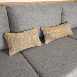 Worn Rug Unique Set Rustic Lumbar Pillow , Turkish Distressed Lumbar , Vintage Oriental Boho Lumbar for Couch , 7.9x19.7 - 7.9x13.8 Inches